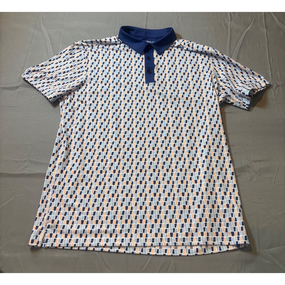 Mizzen+Main Mens Trim Fit Performance Polo Shirt Geometric Print Blue Peach Sz L